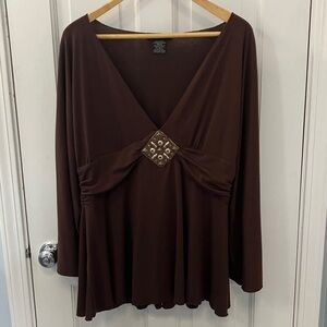 Vintage Y2K flowy Brown Women's Top Bell sleeve Deep V beaded statement size XL